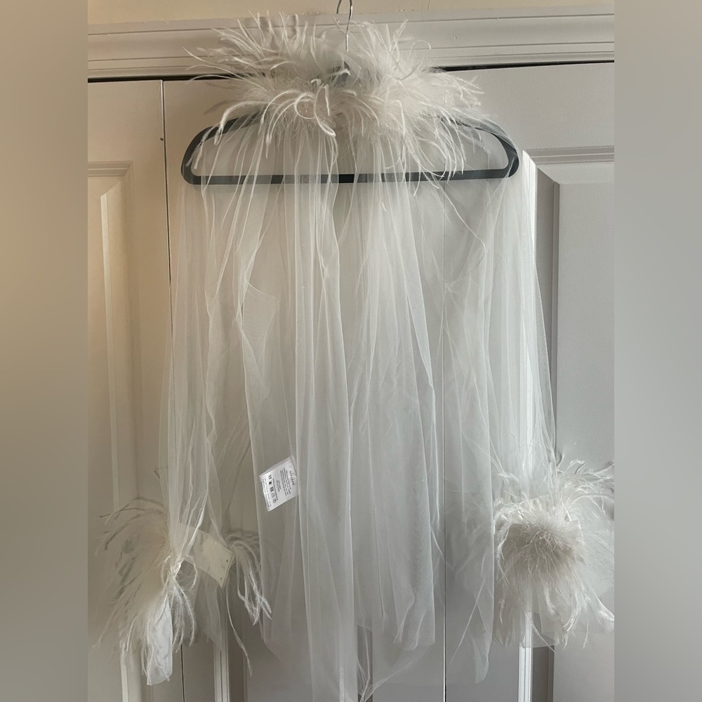 Styland white feather trim sheer blouse